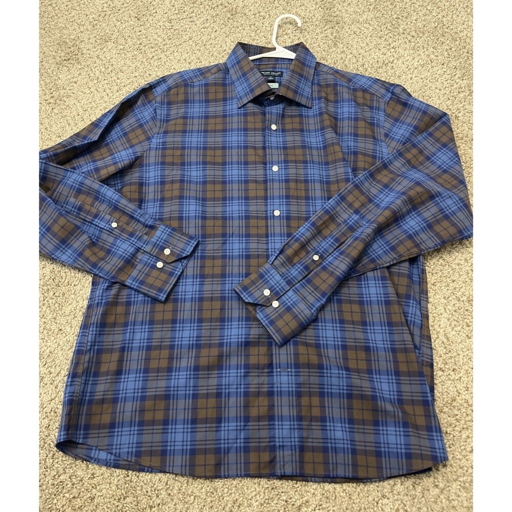 PETER MILLAR Men's Crown Crafted Button Front Shirt Blue Check Pattern Size XL